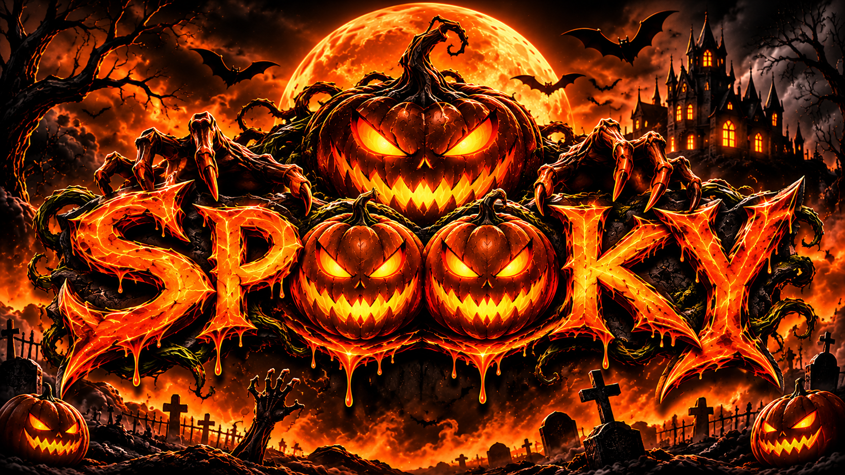 Spooky Halloween village with glowing pumpkins and haunted houses